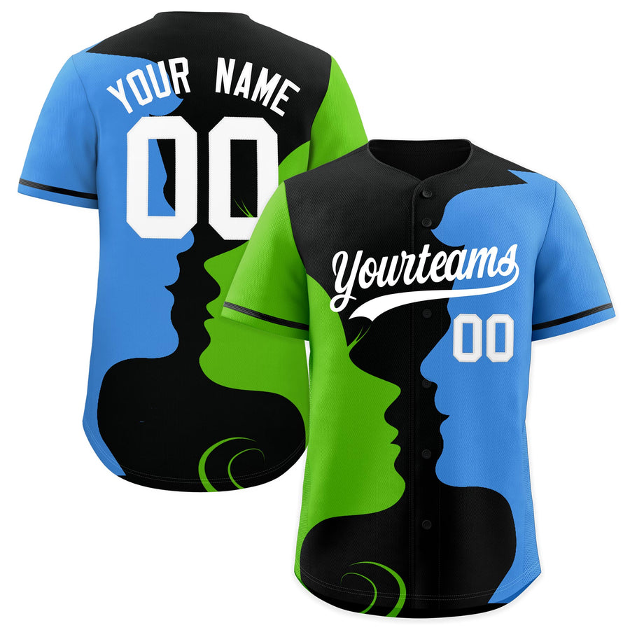 Custom Black Green Powder Blue Silhouettes of Loving Couple Valentine's Day Baseball Jersey | BuyFootballJersey