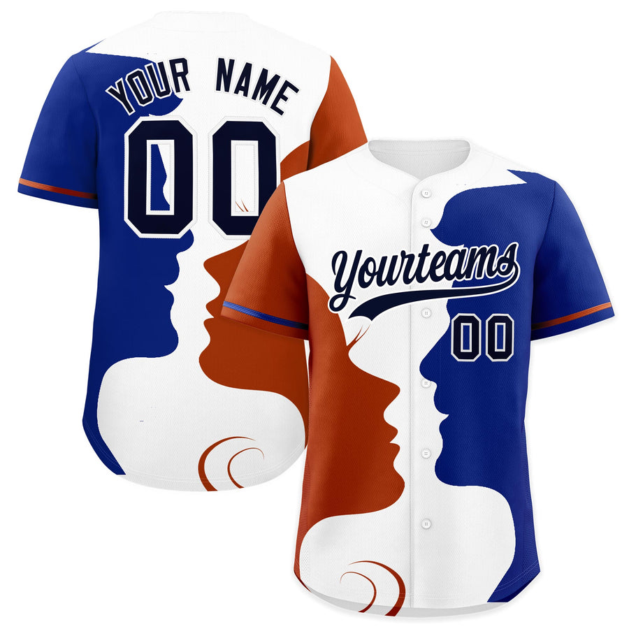 Custom Royal Dark Orange White Silhouettes of Loving Couple Valentine's Day Baseball Jersey | BuyFootballJersey