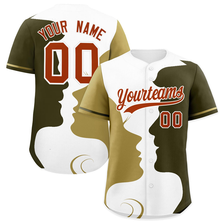 Custom Old Gold Olive White Silhouettes of Loving Couple Valentine's Day Baseball Jersey | BuyFootballJersey