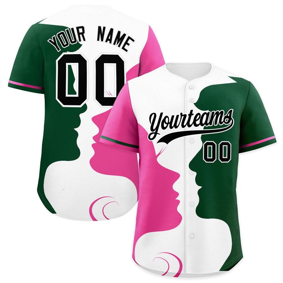 Custom Green Pink White Silhouettes of Loving Couple Valentine's Day Baseball Jersey | BuyFootballJersey