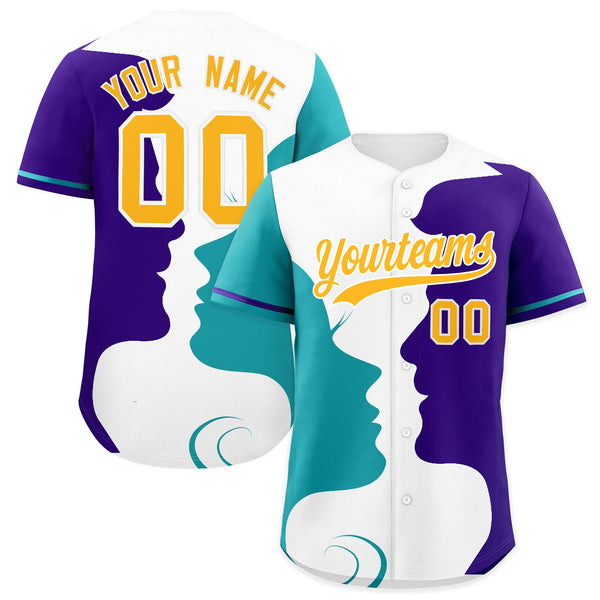Custom Teal Purple White Silhouettes of Loving Couple Valentine's Day Baseball Jersey | BuyFootballJersey