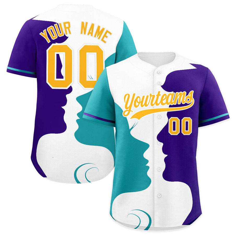Custom Teal Purple White Silhouettes of Loving Couple Valentine's Day Baseball Jersey | BuyFootballJersey