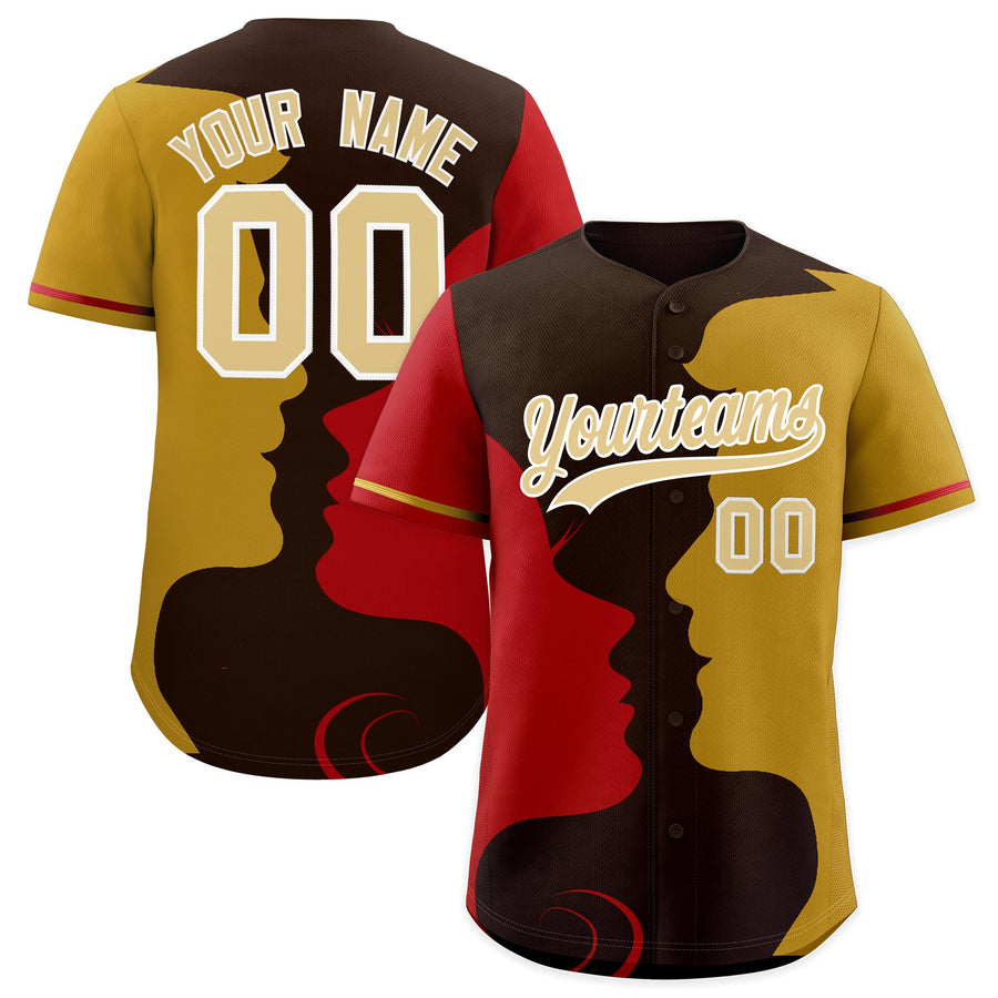 Custom Red Old Gold Silhouettes of Loving Couple Valentine's Day Baseball Jersey | BuyFootballJersey