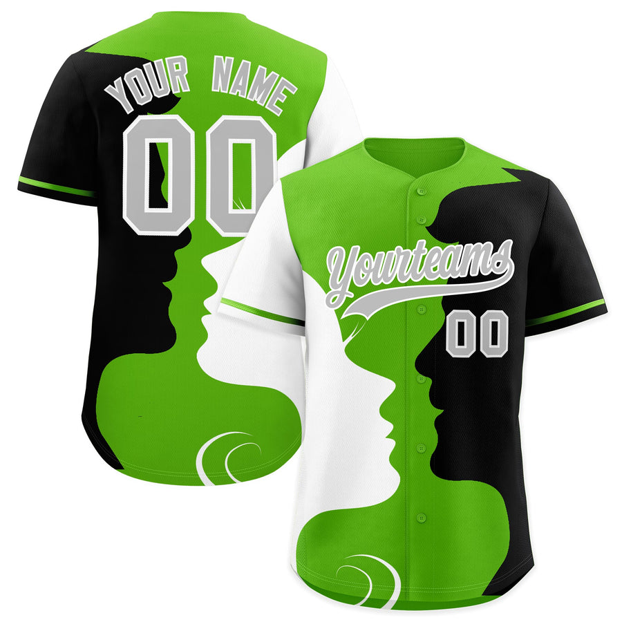 Custom Green Black White Silhouettes of Loving Couple Valentine's Day Baseball Jersey | BuyFootballJersey