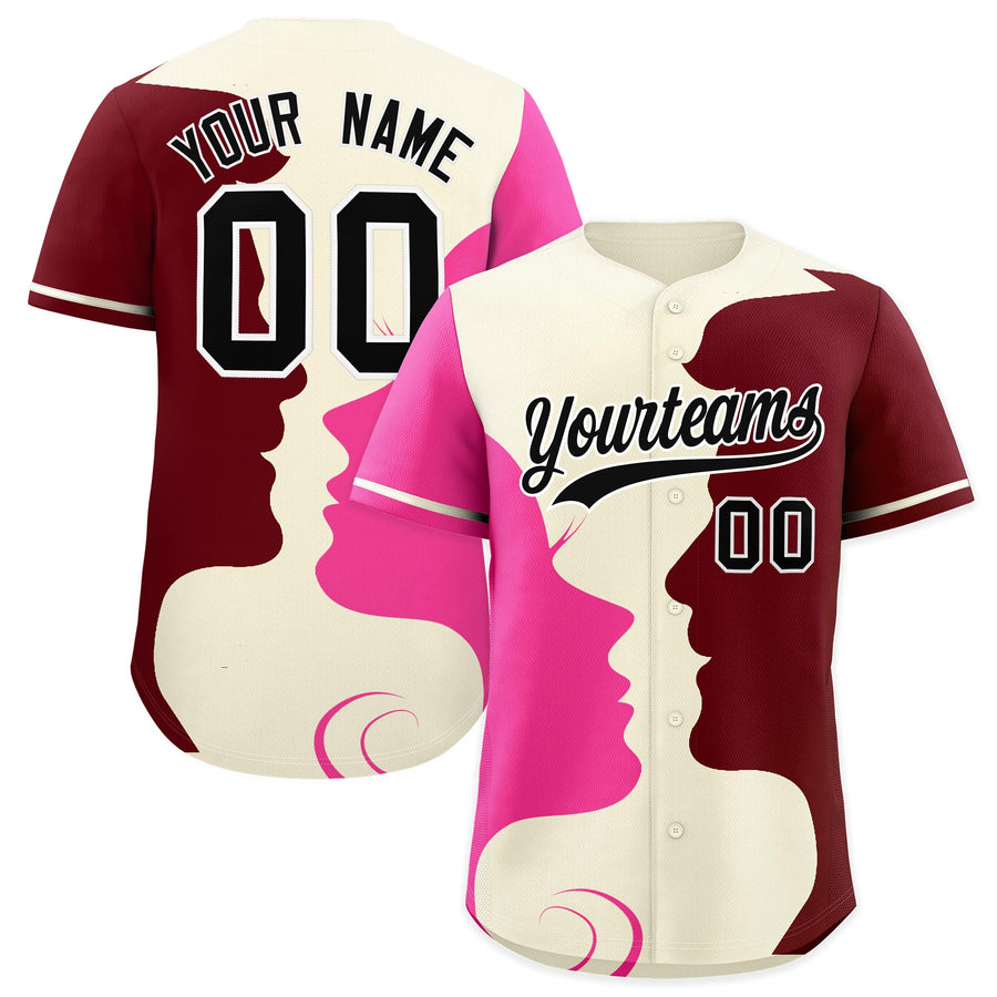 Custom Cream Crimson Rose Red Silhouettes of Loving Couple Valentine's Day Baseball Jersey | BuyFootballJersey