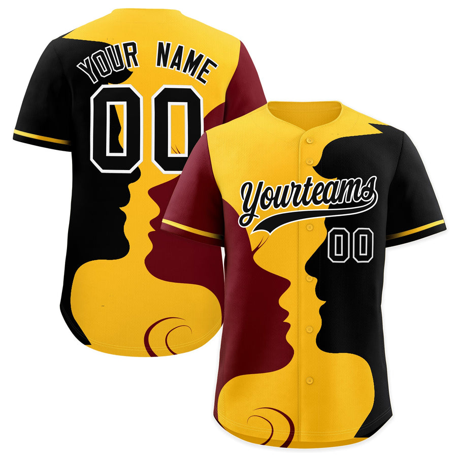 Custom Gold Crimson Black Silhouettes of Loving Couple Valentine's Day Baseball Jersey | BuyFootballJersey