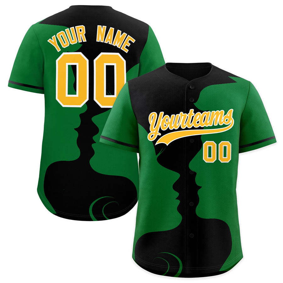 Custom Black Kelly Green Silhouettes of Loving Couple Valentine's Day Baseball Jersey | BuyFootballJersey
