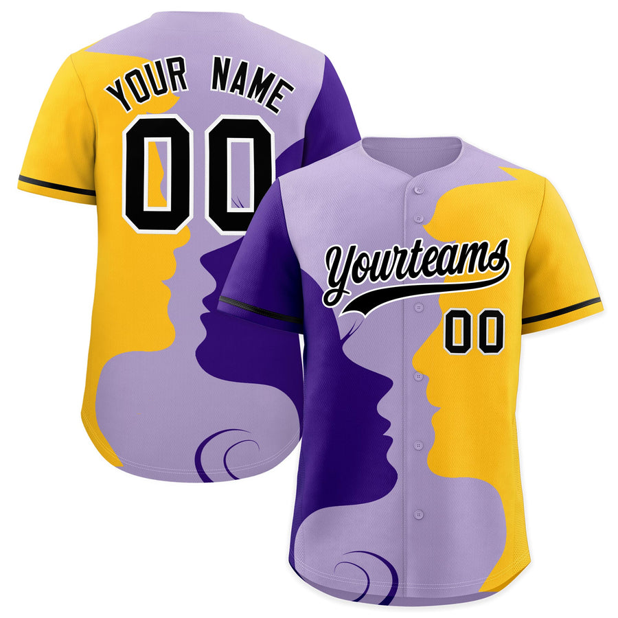 Custom Purple Gold Black Silhouettes of Loving Couple Valentine's Day Baseball Jersey | BuyFootballJersey