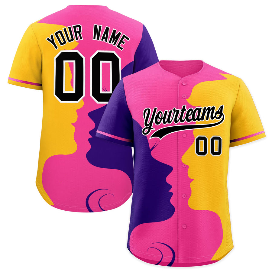 Custom Pink Purple Gold Silhouettes of Loving Couple Valentine's Day Baseball Jersey | BuyFootballJersey