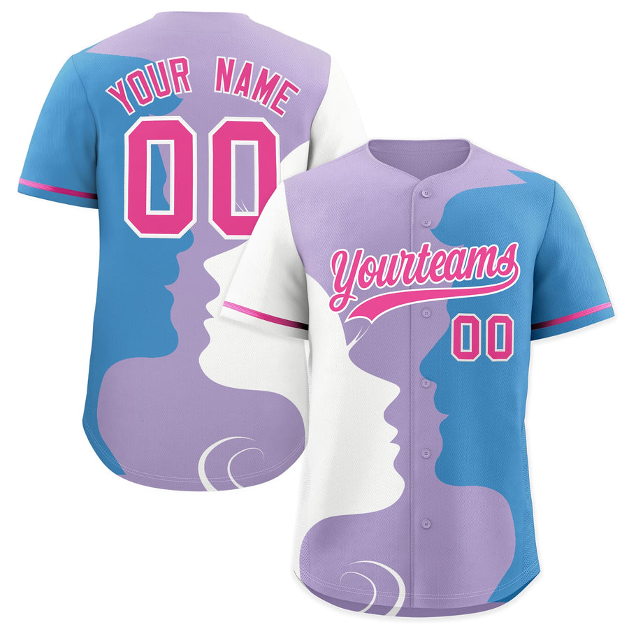 Custom Pink White Light Blue Silhouettes of Loving Couple Valentine's Day Baseball Jersey | BuyFootballJersey