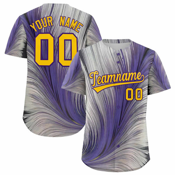 Custom Yellow Purple Fluid Feather Graffiti Pattern Baseball Jersey | BuyFootballJersey