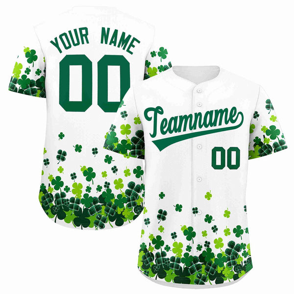 Custom White Green St.Patrick's Day Personalized Four Leaf Clover Pattern Baseball Jersey | BuyFootballJersey