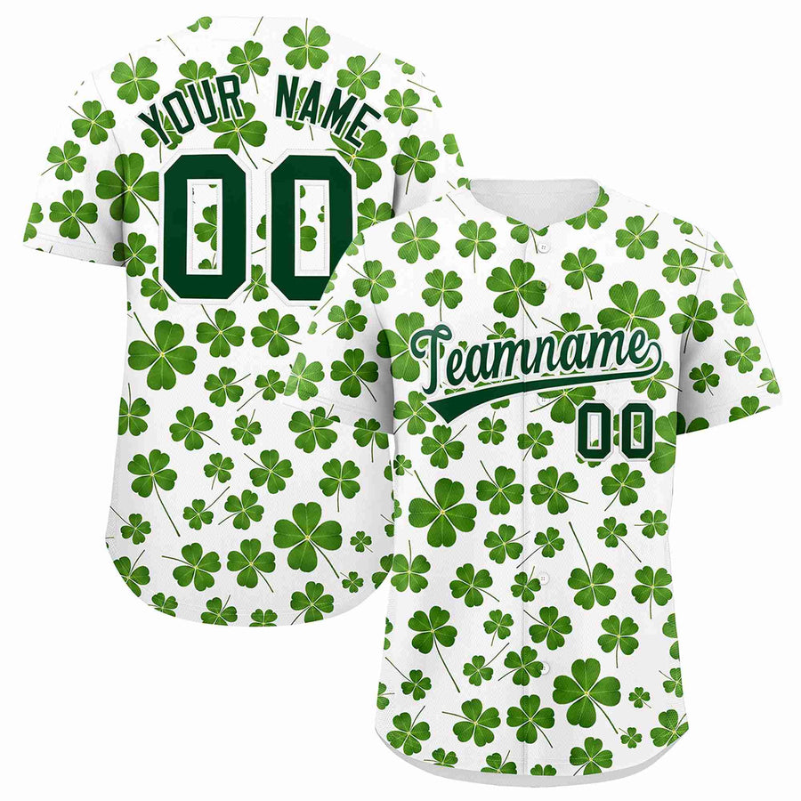 Custom White Green St.Patrick's Day Personalized Four Leaf Clover Pattern Baseball Jersey | BuyFootballJersey