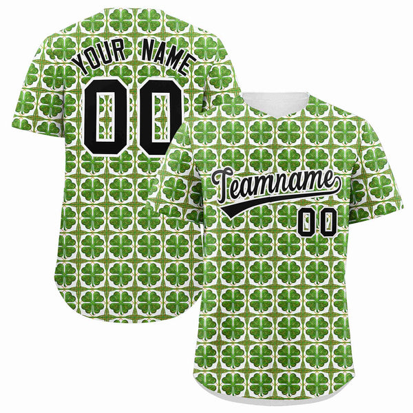 Custom White Black St.Patrick's Day Personalized Four Leaf Clover Pattern Baseball Jersey | BuyFootballJersey