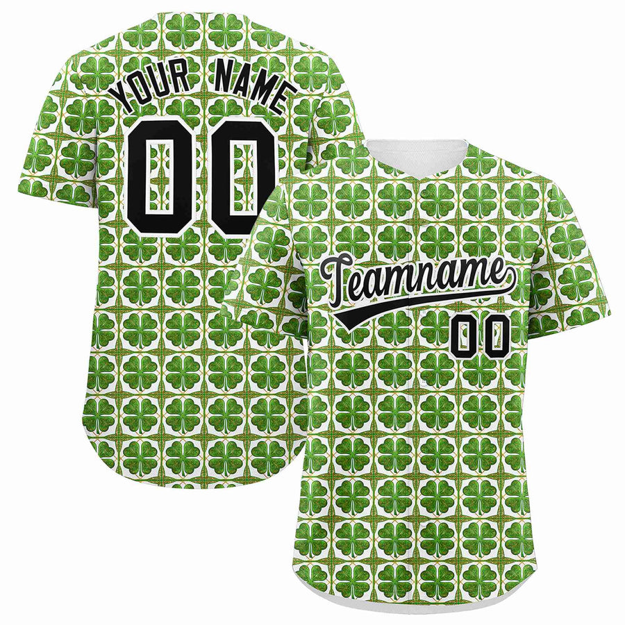 Custom White Black St.Patrick's Day Personalized Four Leaf Clover Pattern Baseball Jersey | BuyFootballJersey