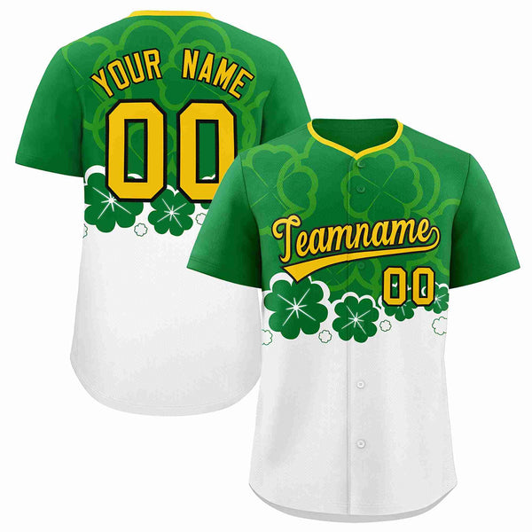 Custom White Kelly Green St.Patrick's Day Personalized Four Leaf Clover Pattern Baseball Jersey | BuyFootballJersey