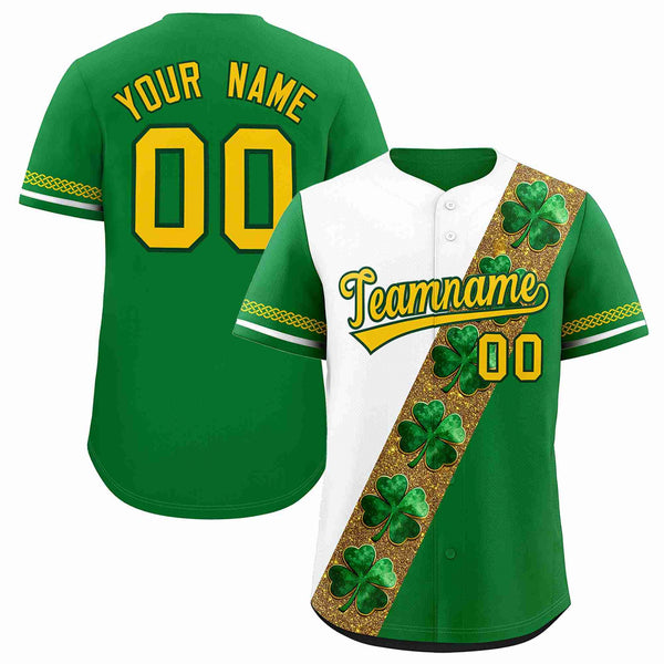 Custom White Kelly Green St.Patrick's Day Personalized Four Leaf Clover Pattern Baseball Jersey | BuyFootballJersey