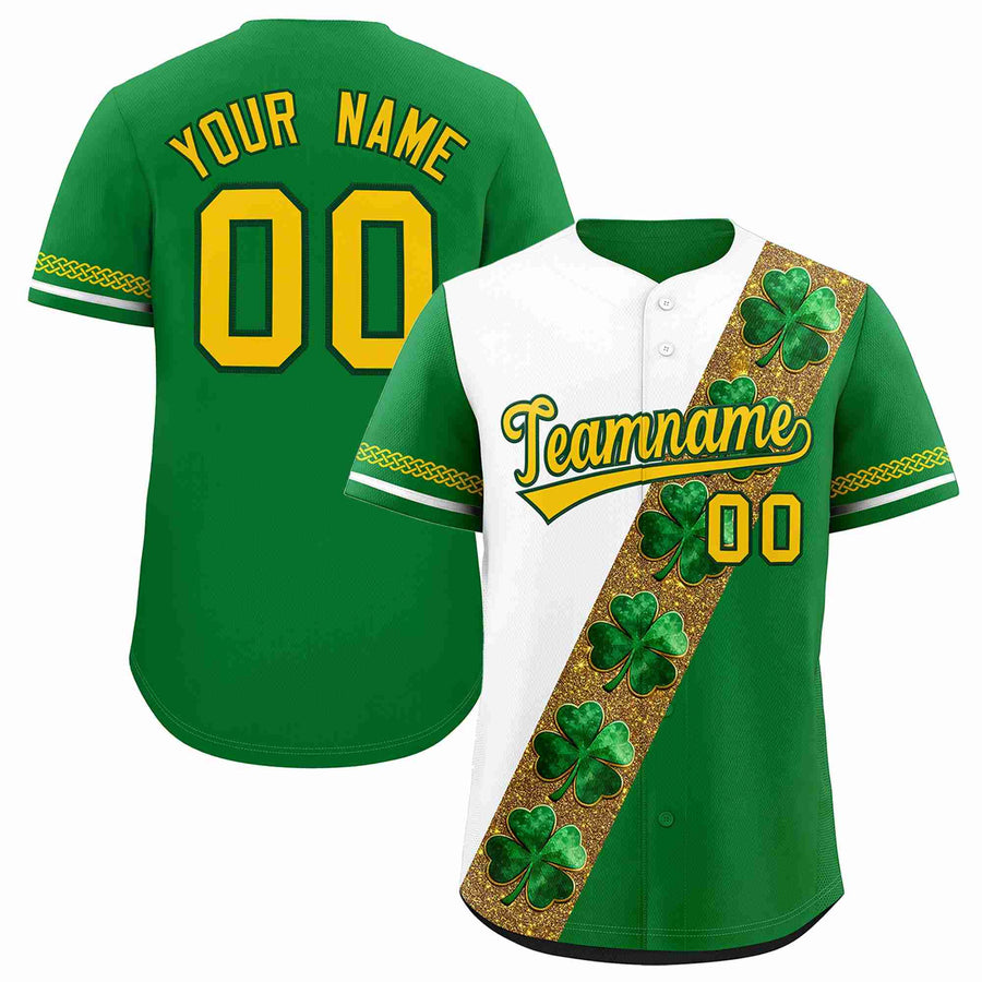 Custom White Kelly Green St.Patrick's Day Personalized Four Leaf Clover Pattern Baseball Jersey | BuyFootballJersey