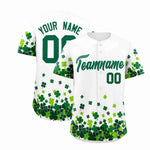 Custom White Green St.Patrick's Day Personalized Four Leaf Clover Pattern Baseball Jersey | BuyFootballJersey