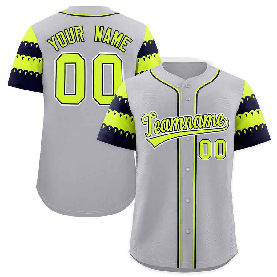 Custom Gray Navy Fluorescent Green Sleeve Flag Lace Baseball Jersey | BuyFootballJersey