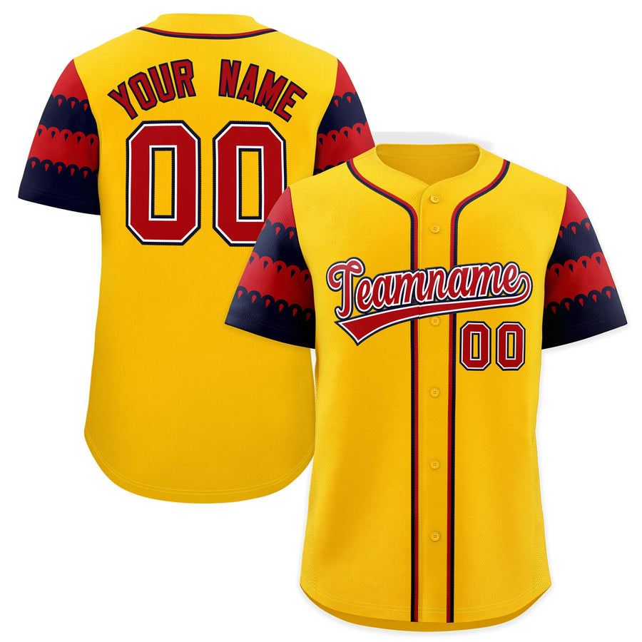 Custom Gold Navy Red Sleeve Flag Lace Baseball Jersey | BuyFootballJersey