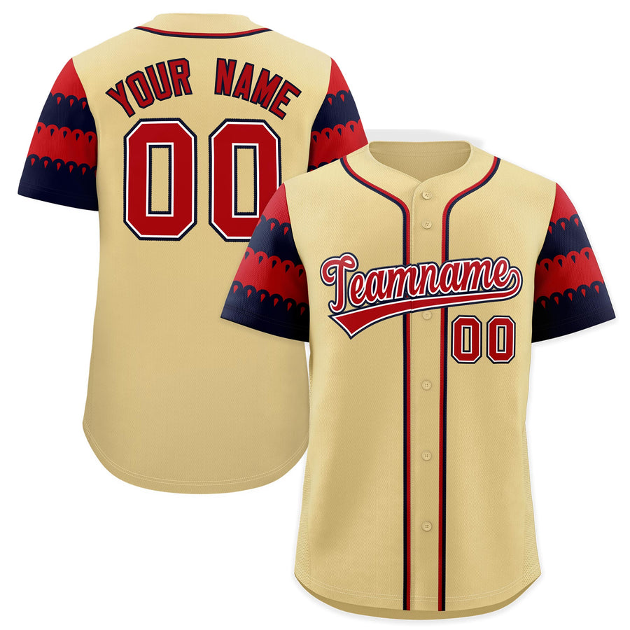 Custom Khaki Red Navy Sleeve Flag Lace Baseball Jersey | BuyFootballJersey