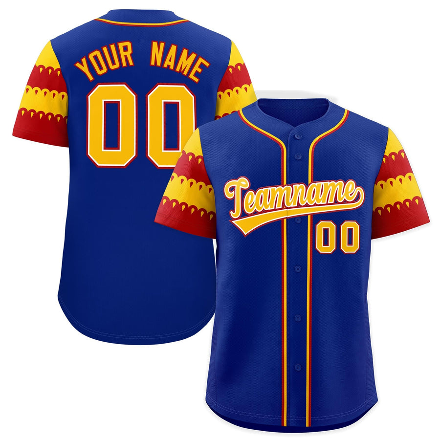 Custom Royal Gold Red Sleeve Flag Lace Baseball Jersey | BuyFootballJersey