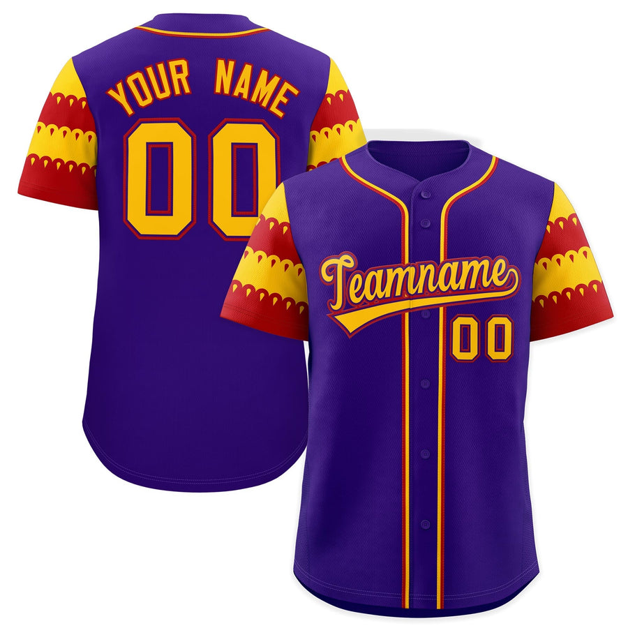 Custom Purple Gold Red Sleeve Flag Lace Baseball Jersey | BuyFootballJersey