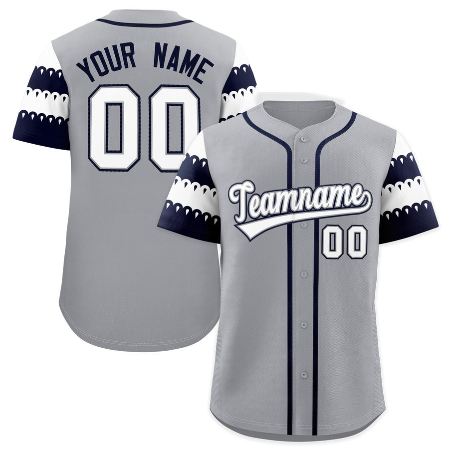 Custom Gray Navy White Sleeve Flag Lace Baseball Jersey | BuyFootballJersey