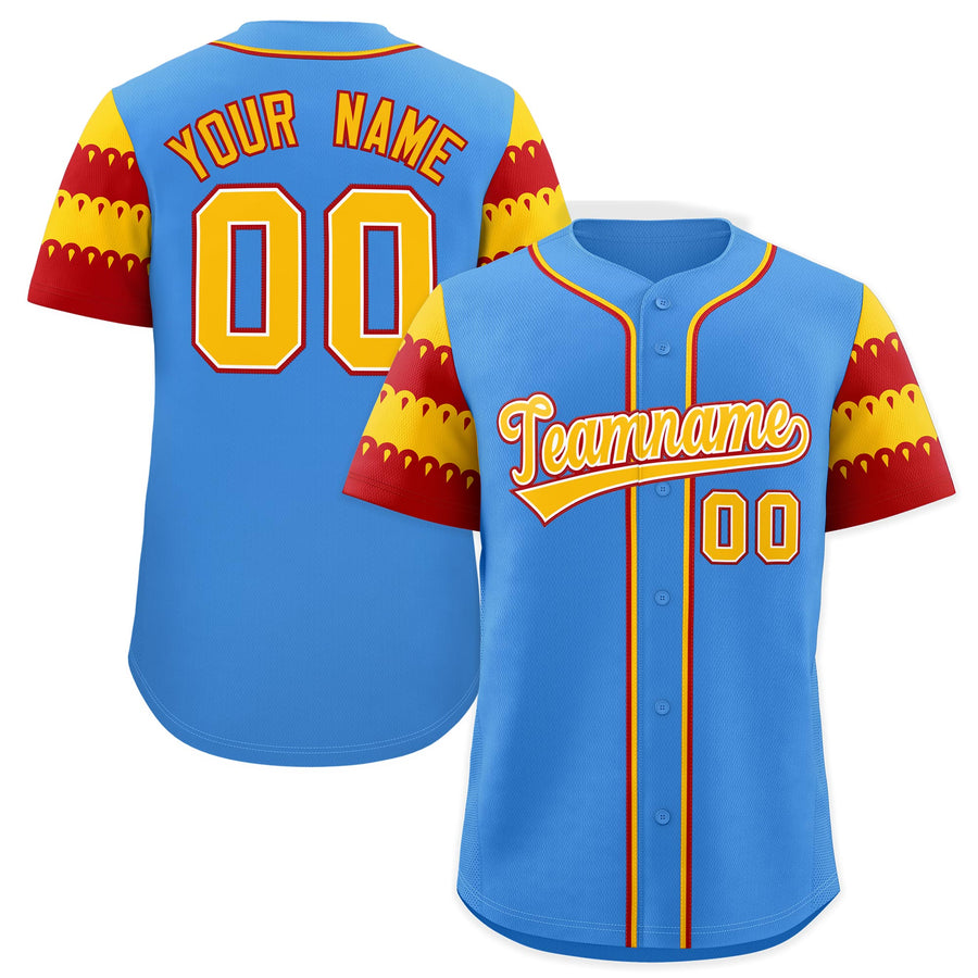 Custom Powder Blue Gold Red Sleeve Flag Lace Baseball Jersey | BuyFootballJersey