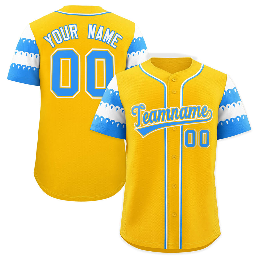 Custom Gold Powder Blue White Sleeve Flag Lace Baseball Jersey | BuyFootballJersey