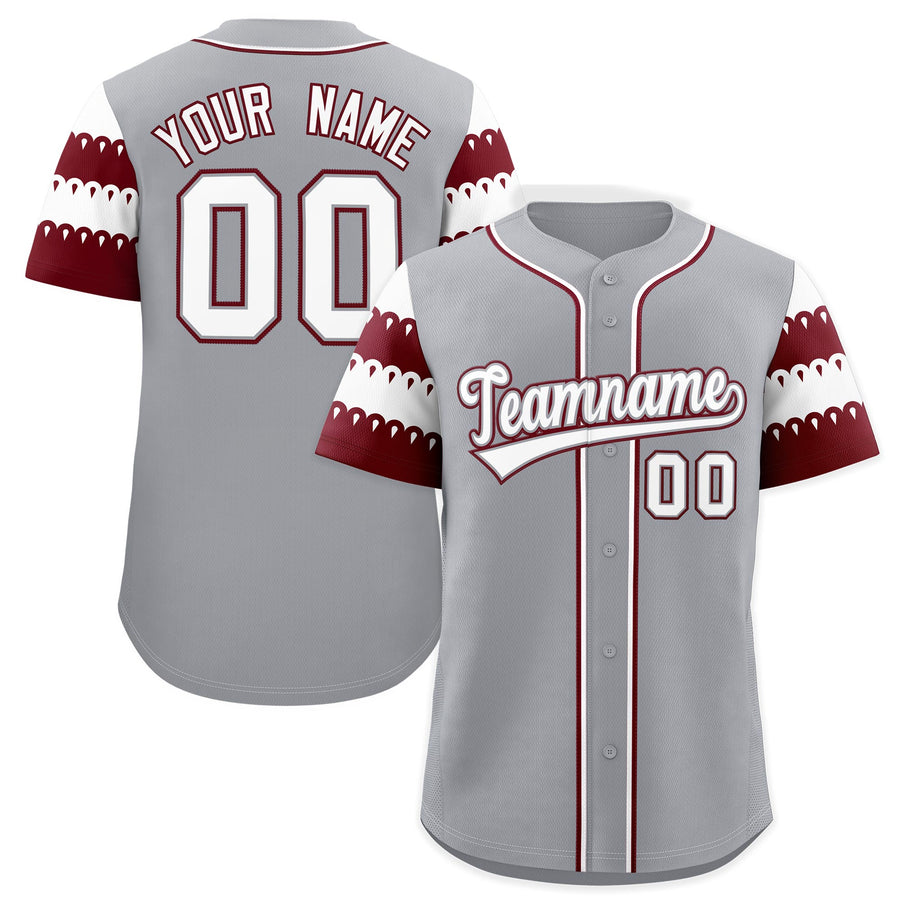 Custom Gray Maroon White Sleeve Flag Lace Baseball Jersey | BuyFootballJersey