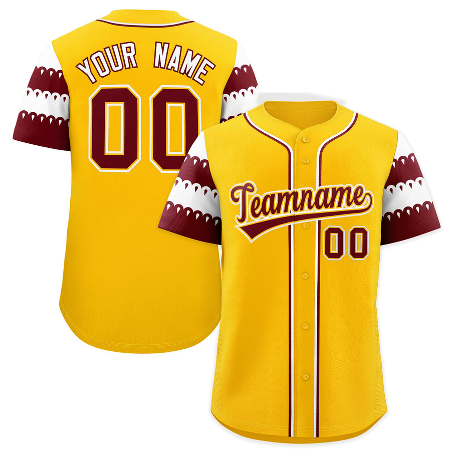 Custom Gold Maroon White Sleeve Flag Lace Baseball Jersey | BuyFootballJersey