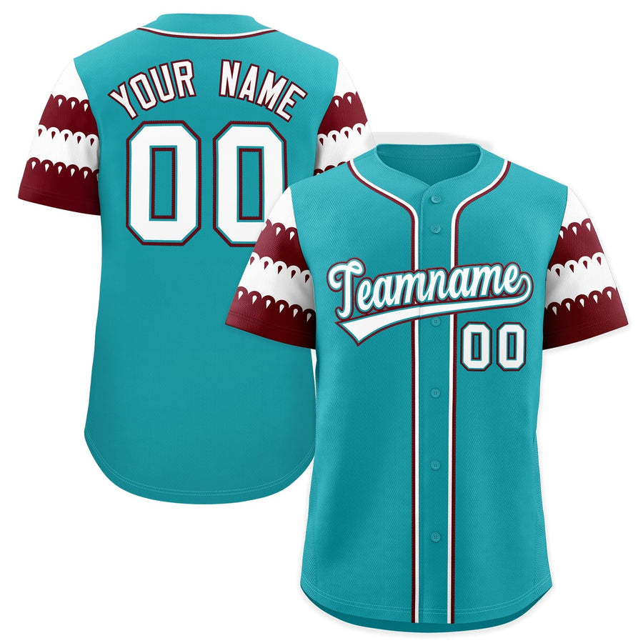 Custom Aqua Maroon White Sleeve Flag Lace Baseball Jersey | BuyFootballJersey
