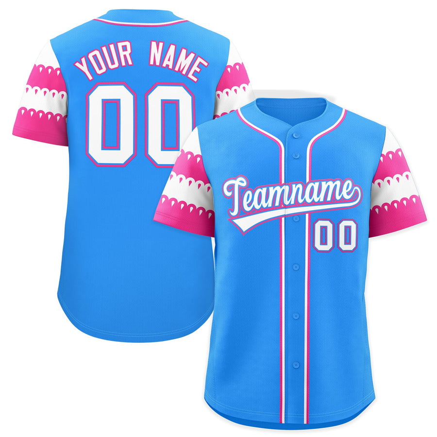 Custom Powder Blue Pink White Sleeve Flag Lace Baseball Jersey | BuyFootballJersey