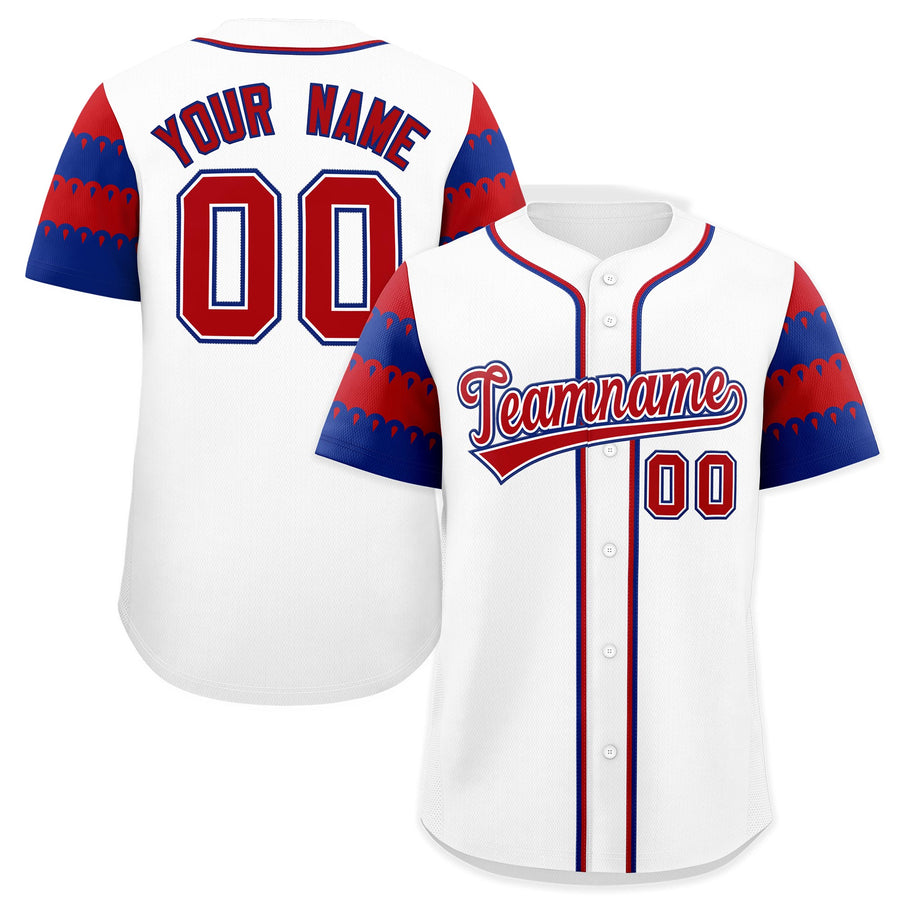 Custom White Royal Red Sleeve Flag Lace Baseball Jersey | BuyFootballJersey