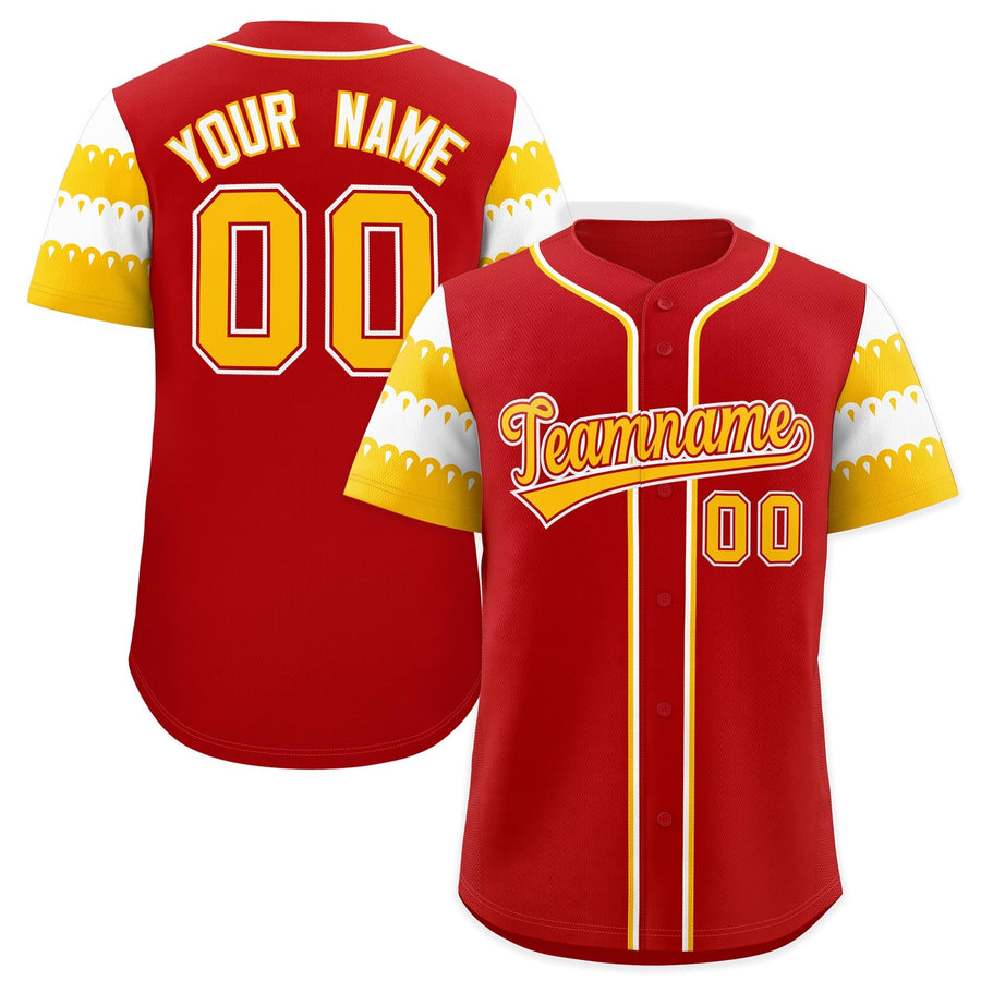 Custom Red Gold White Sleeve Flag Lace Baseball Jersey | BuyFootballJersey