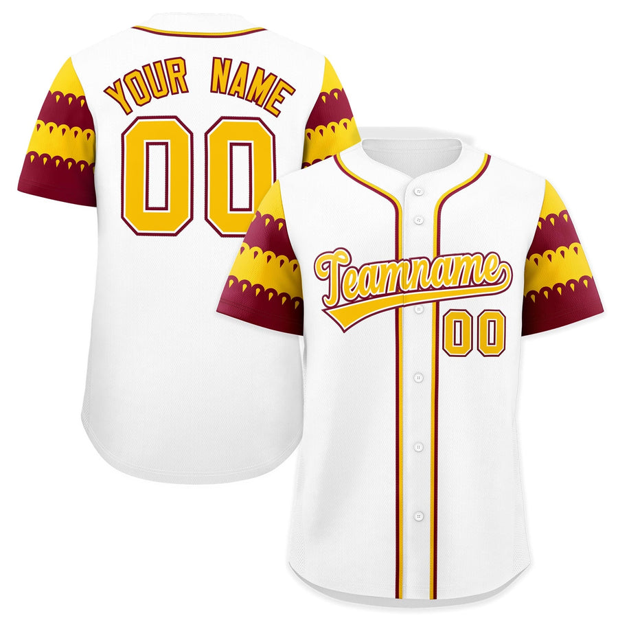 Custom White Crimson Gold Sleeve Flag Lace Baseball Jersey | BuyFootballJersey