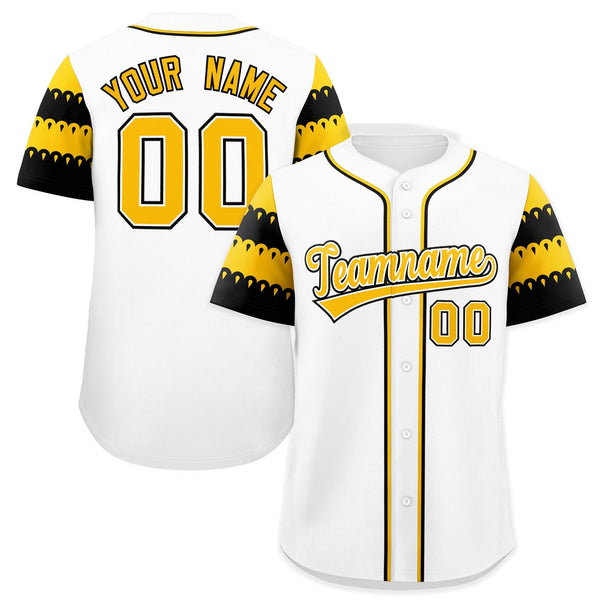 Custom White Gold Black Sleeve Flag Lace Baseball Jersey | BuyFootballJersey