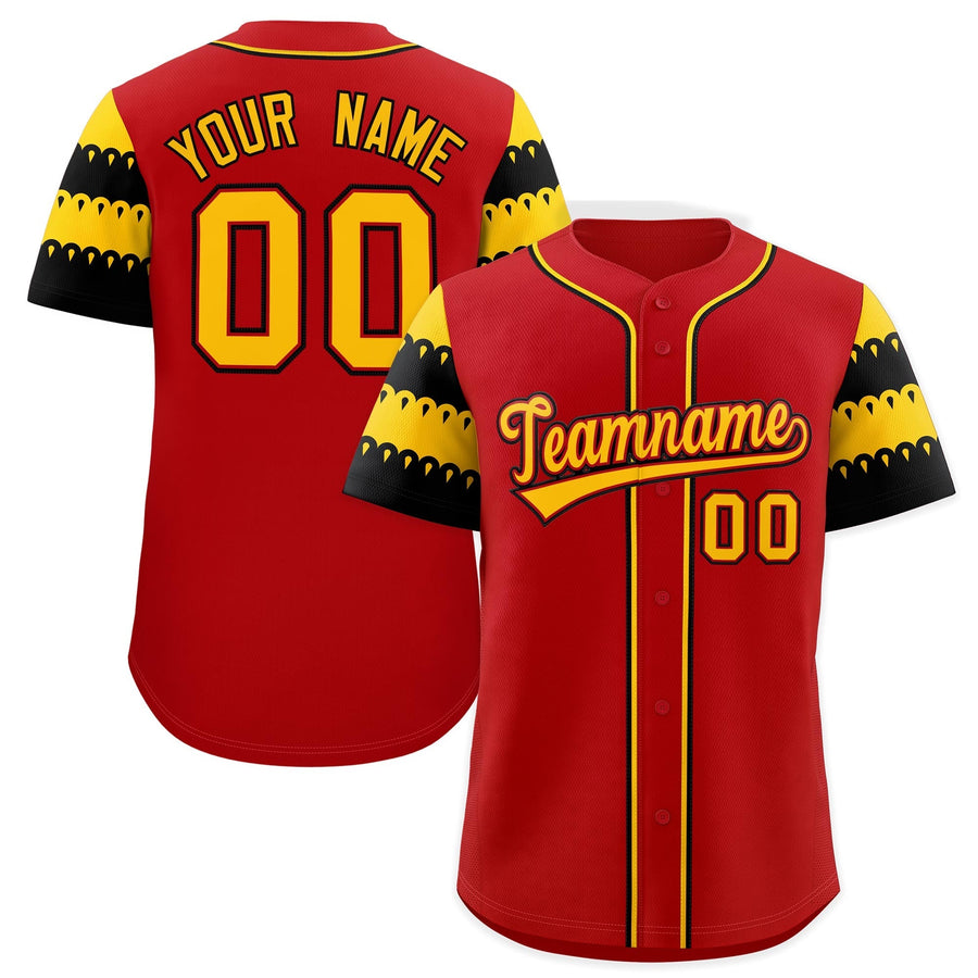 Custom Red Gold Black Sleeve Flag Lace Baseball Jersey | BuyFootballJersey
