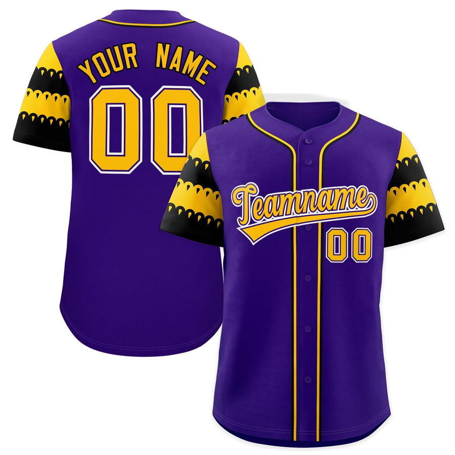 Custom Purple Gold Black Sleeve Flag Lace Baseball Jersey | BuyFootballJersey