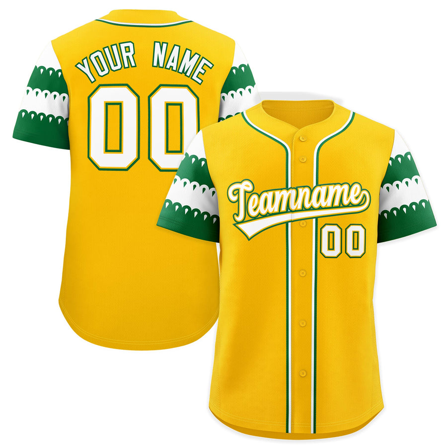 Custom Gold Kelly Green White Sleeve Flag Lace Baseball Jersey | BuyFootballJersey