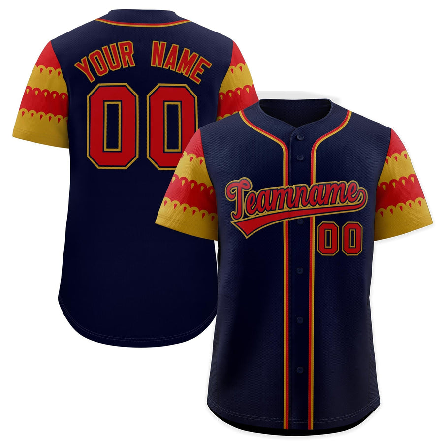 Custom Navy Old Gold Red Sleeve Flag Lace Baseball Jersey | BuyFootballJersey