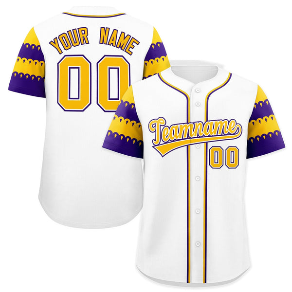 Custom White Gold Purple Sleeve Flag Lace Baseball Jersey | BuyFootballJersey