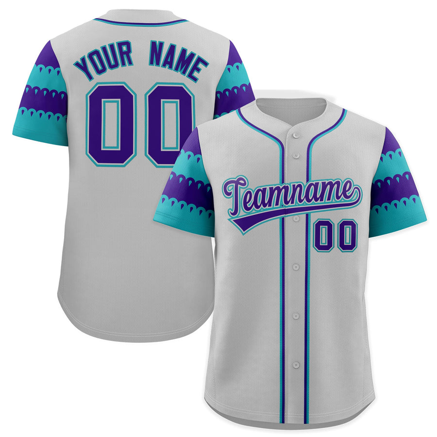 Custom Gray Aqua Purple Sleeve Flag Lace Baseball Jersey | BuyFootballJersey