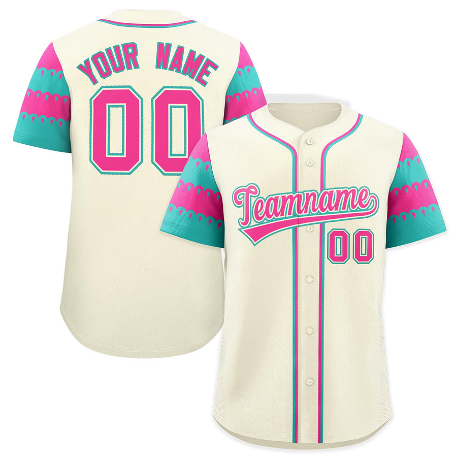 Custom Cream Pink Aqua Sleeve Flag Lace Baseball Jersey | BuyFootballJersey