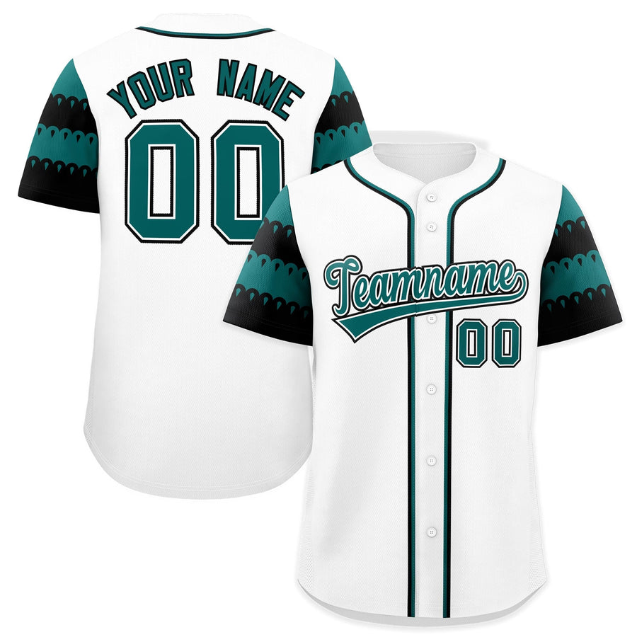 Custom White Teal Black Sleeve Flag Lace Baseball Jersey | BuyFootballJersey