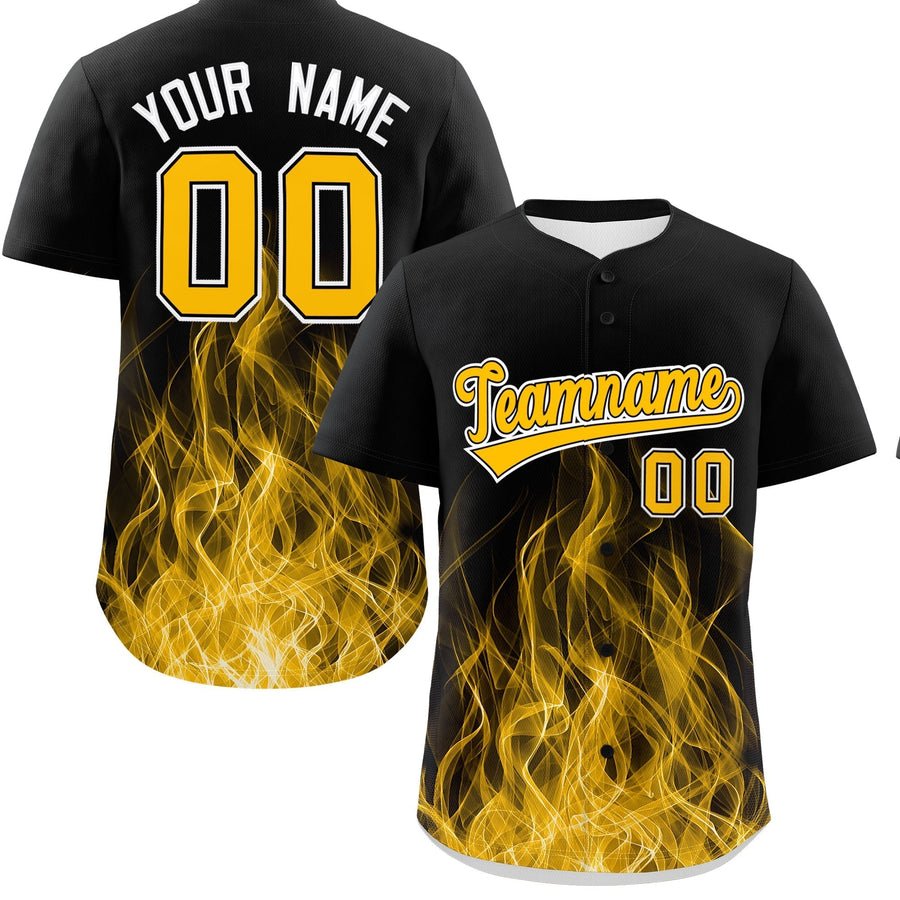 Custom Black Yellow White Flame Graffiti Pattern Personalization Baseball Jersey | BuyFootballJersey