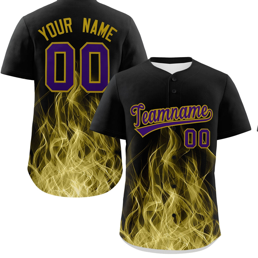 Custom Black Purple Old Gold Flame Graffiti Pattern Personalization Baseball Jersey | BuyFootballJersey
