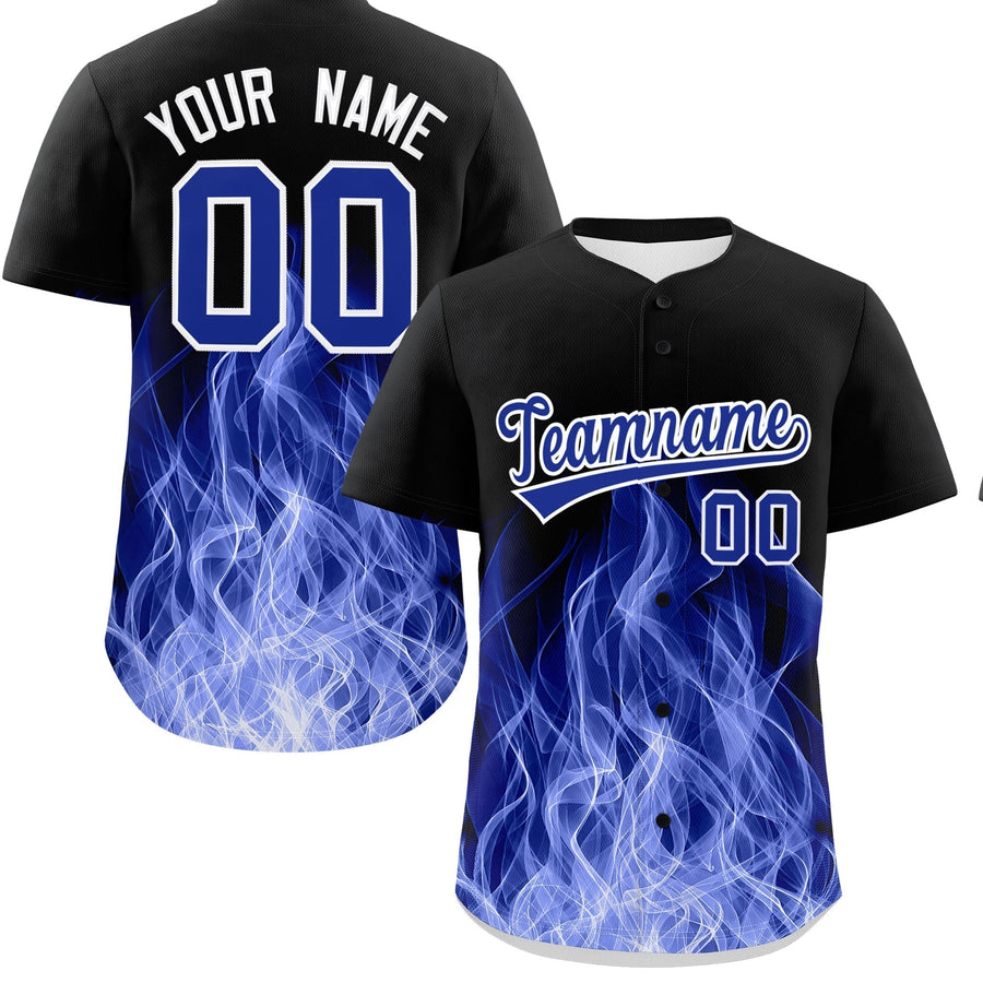 Custom Black Royal Blue White Flame Graffiti Pattern Personalization Baseball Jersey | BuyFootballJersey